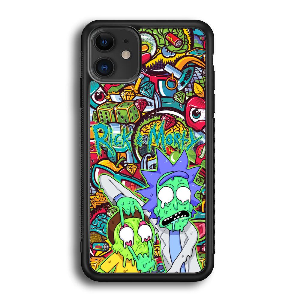 Rick and Morty Melt in Doodle iPhone 12 Case-Rubber Black (2D Case)-Oxvistore