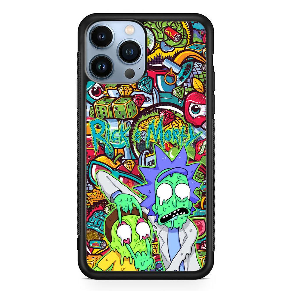 Rick and Morty Melt in Doodle iPhone 14 Pro Case-Rubber White (2D Case)-Oxvistore