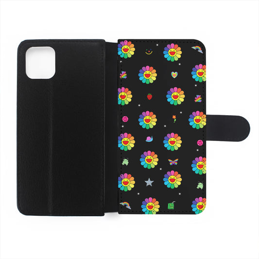 Smile on Rainbow Flower Black Flip Wallet Phone Case