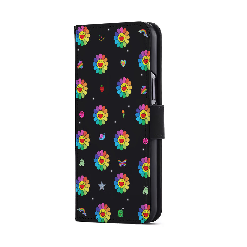 Smile on Rainbow Flower Black Flip Wallet Phone Case