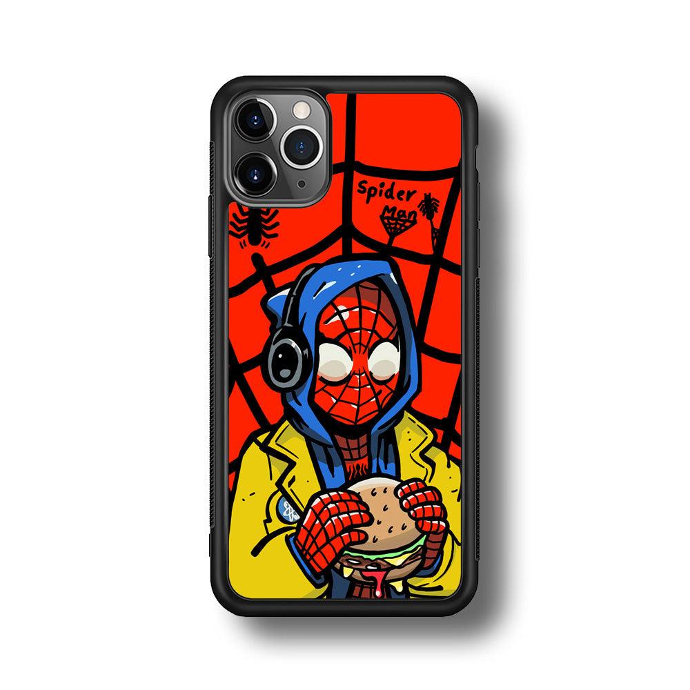 Spiderman Lunch with Burger iPhone 11 Pro Max Case-Rubber Black (2D Case)-Oxvistore