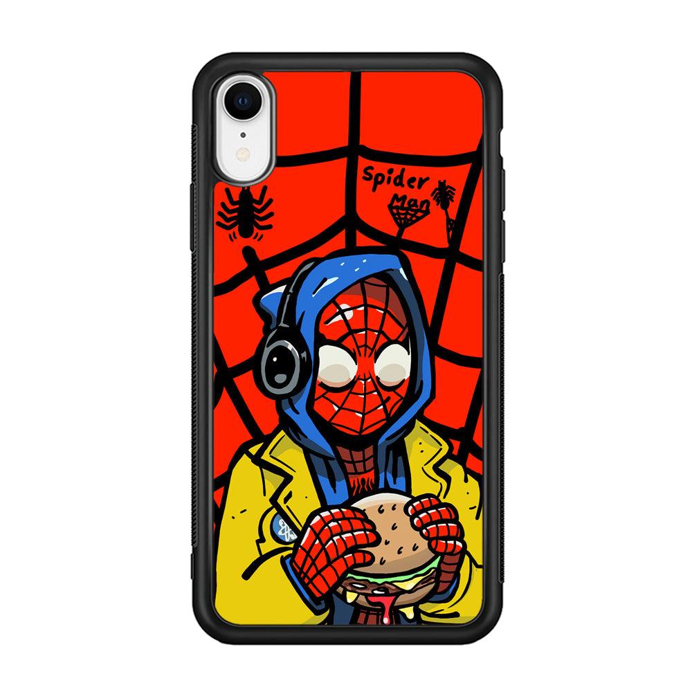 Spiderman Lunch with Burger iPhone XR Case-Rubber Black (2D Case)-Oxvistore