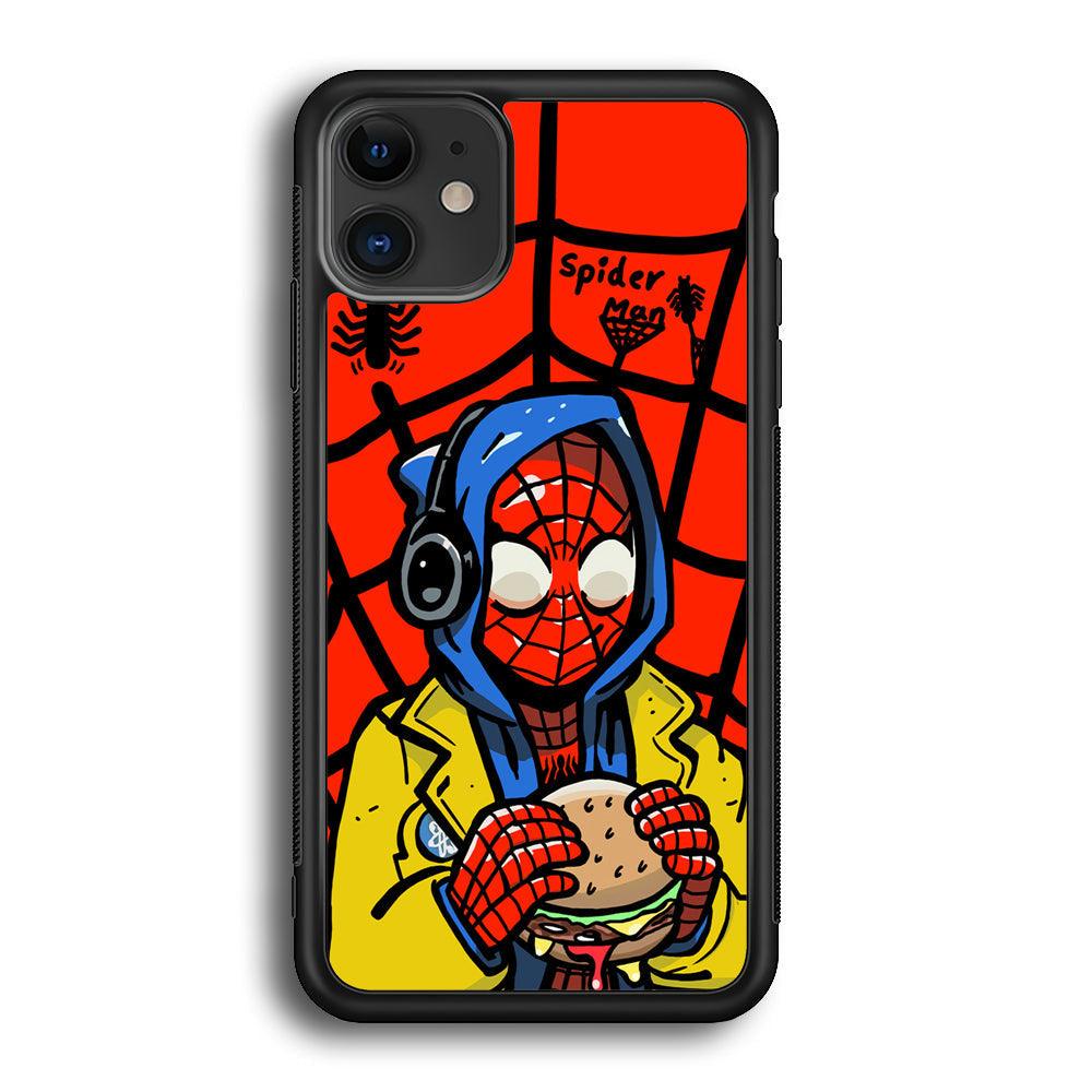 Spiderman Lunch with Burger iPhone 11 Case-Rubber Black (2D Case)-Oxvistore