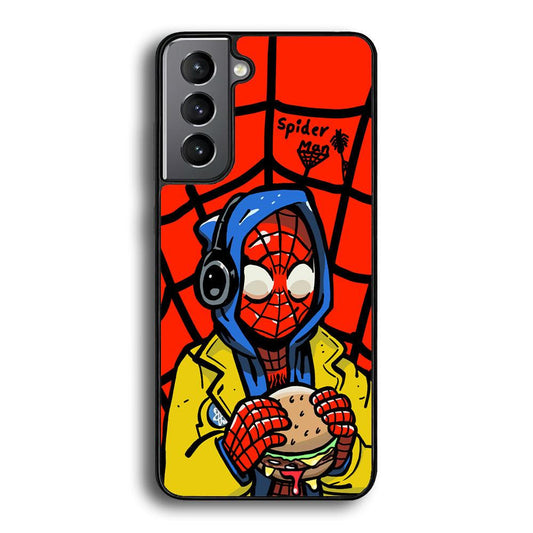 Spiderman Lunch with Burger Samsung Galaxy S22 Case-Rubber Black (2D Case)-Oxvistore