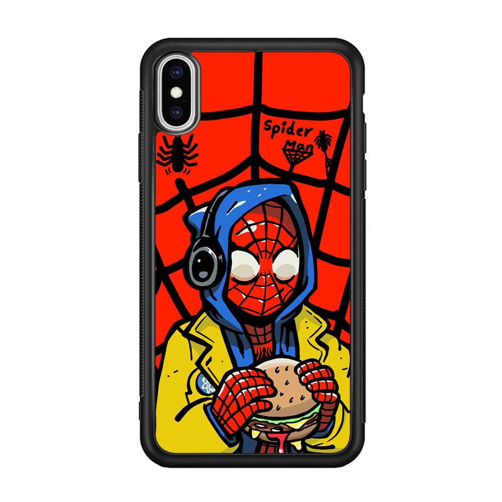 Spiderman Lunch with Burger iPhone X Case-Rubber Black (2D Case)-Oxvistore