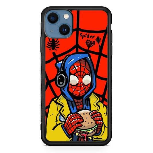 Spiderman Lunch with Burger iPhone 14 Plus Case-Rubber Black (2D Case)-Oxvistore