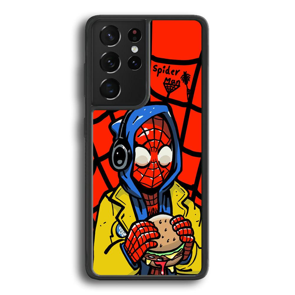 Spiderman Lunch with Burger Samsung Galaxy S21 Ultra Case-Rubber Black (2D Case)-Oxvistore