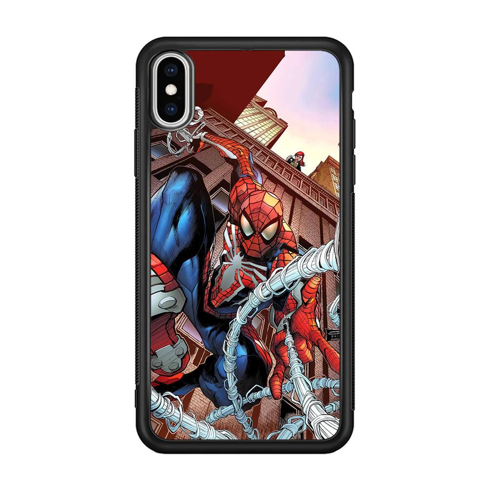 Spiderman Rooftop Photo iPhone XS Case-Rubber Black (2D Case)-Oxvistore