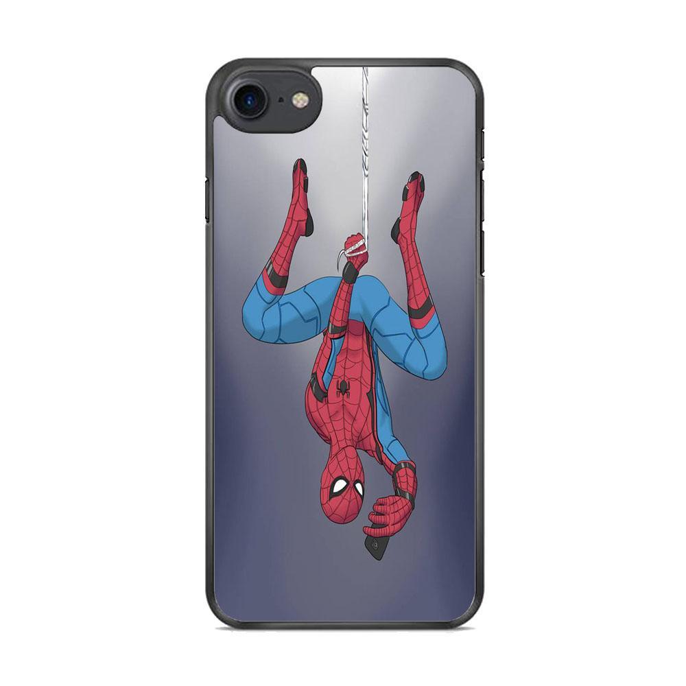 Spiderman Selfie While Hanging iPhone 7 Case-Rubber Black (2D Case)-Oxvistore