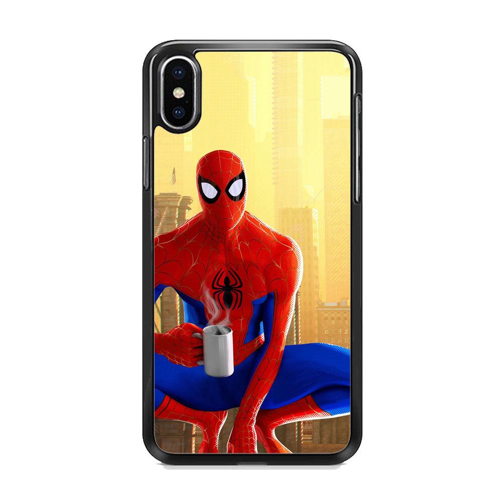 Spiderman and Morning Habbit iPhone XS Case-Rubber Black (2D Case)-Oxvistore