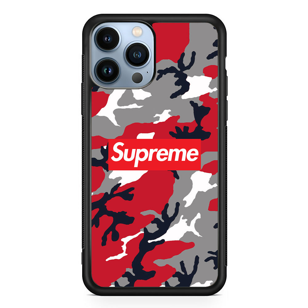 Supreme Camo Red iPhone 14 Pro Case-Rubber Black (2D Case)-Oxvistore