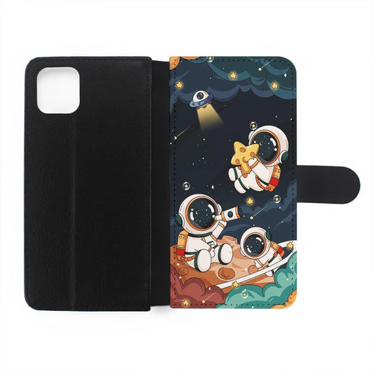 Three Astronauts Playing on a Planet Flip Wallet Phone Case-Oxvistore