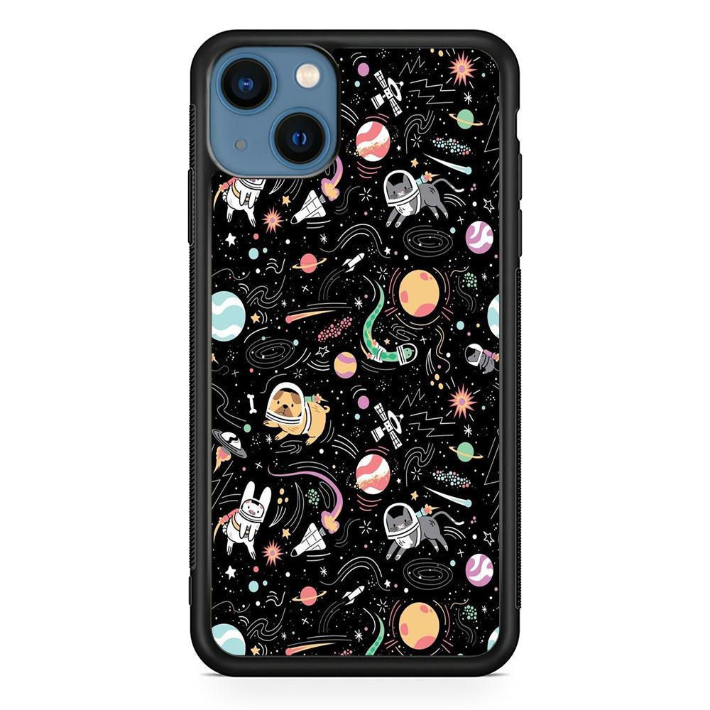 Universe Pets Playing Space iPhone 13 Case-Rubber Black (2D Case)-Oxvistore