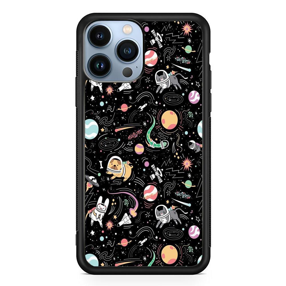 Universe Pets Playing Space iPhone 14 Pro Case-Rubber Black (2D Case)-Oxvistore