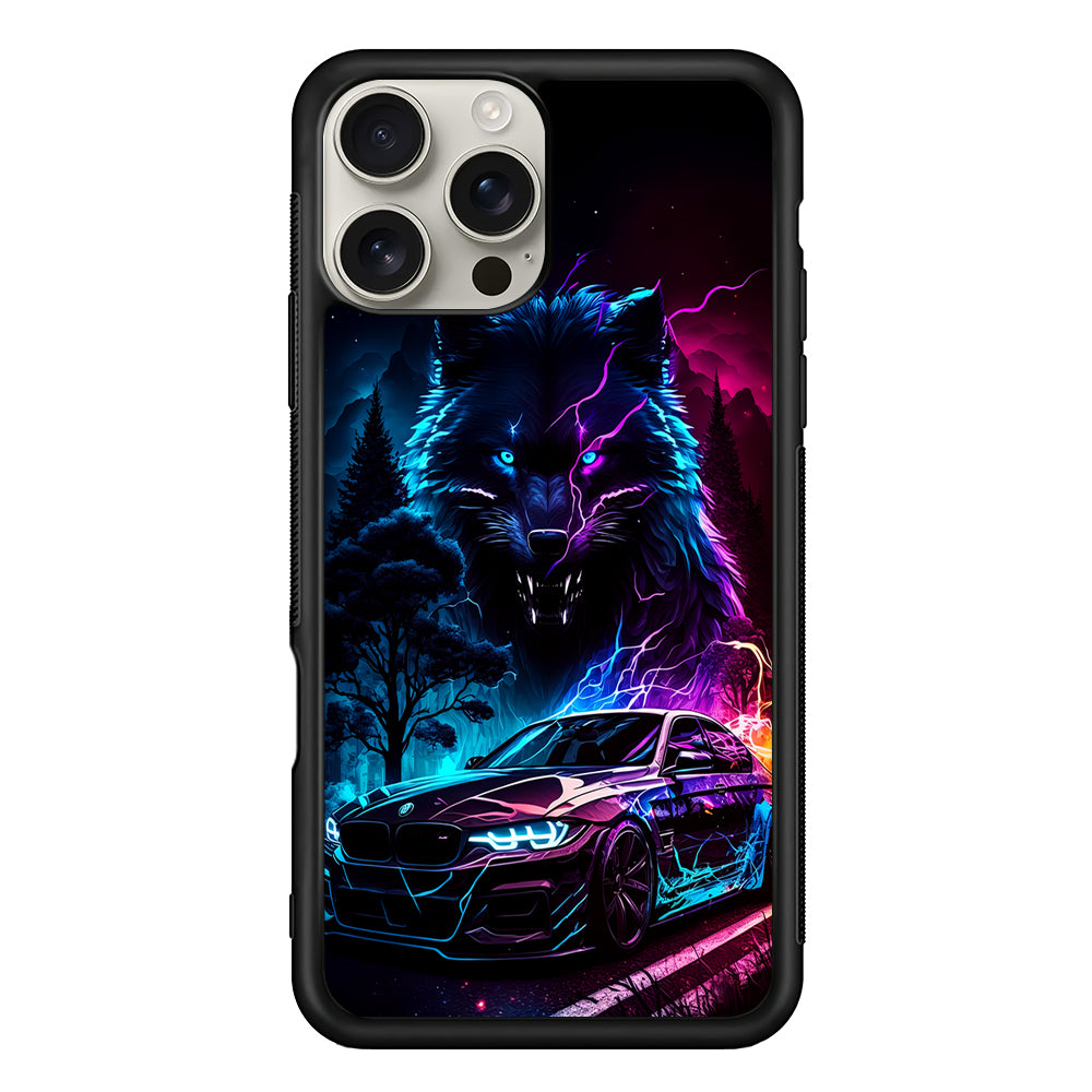 Neon Wolf and Car Northern iPhone 16 Pro Max Case | Stylish Protective Case for iPhone 16 Pro Max