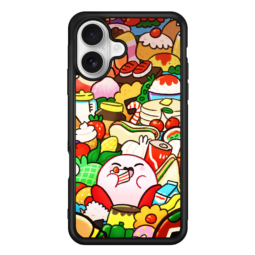 Kirby and a Stack of Food iPhone 16 Plus Case | Durable Protective Rubber Cover