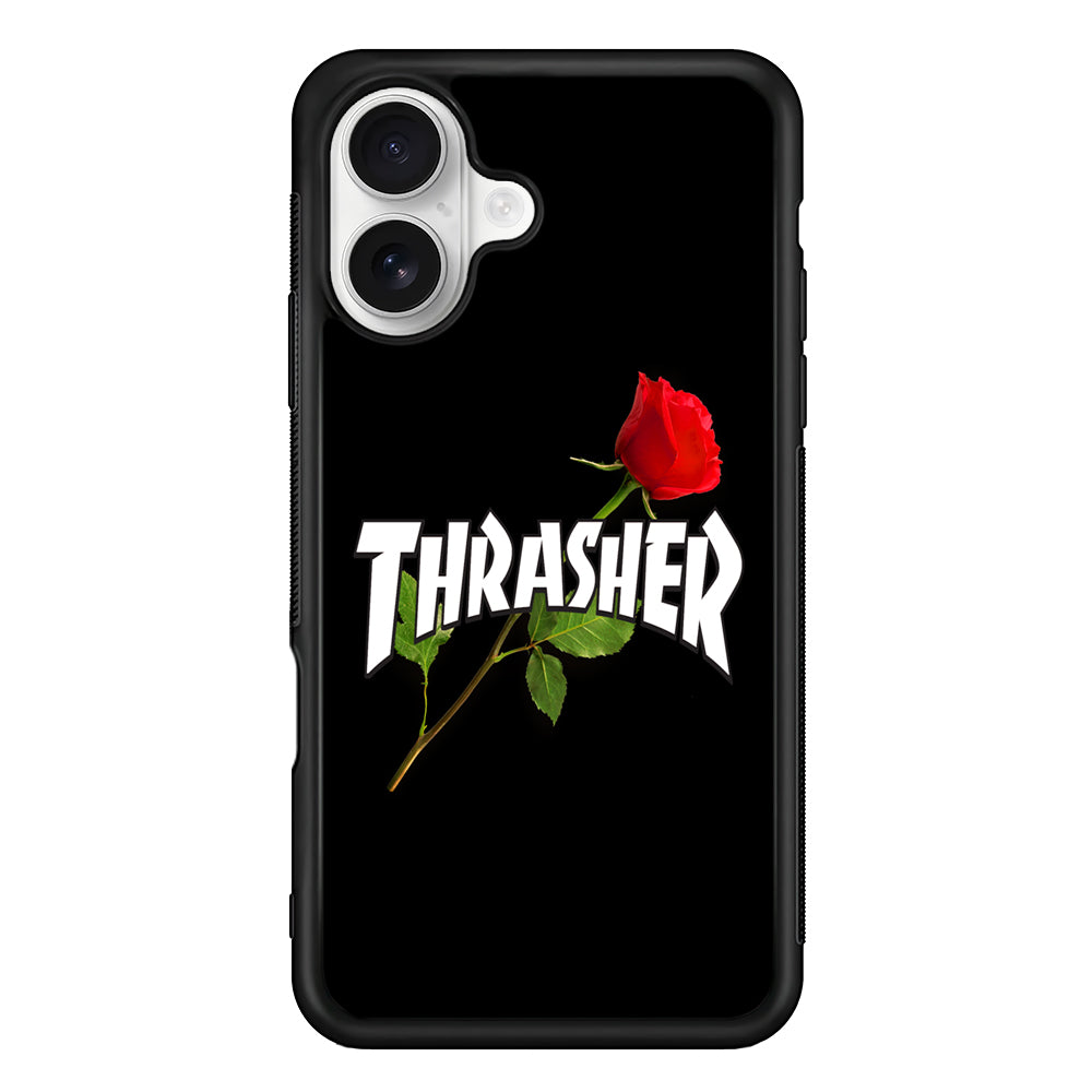 Thrasher Black Rose Flower iPhone 16 Plus Case | Slim Rubber Case for iPhone 16 Plus