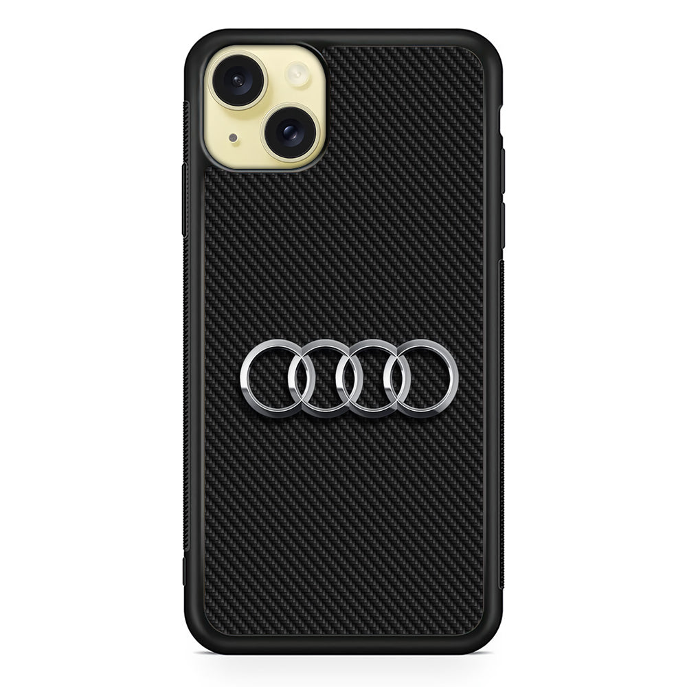 Audi Metal Against a Dark Carbon iPhone 15 Plus Case | Slim Rubber Case for iPhone 15 Plus