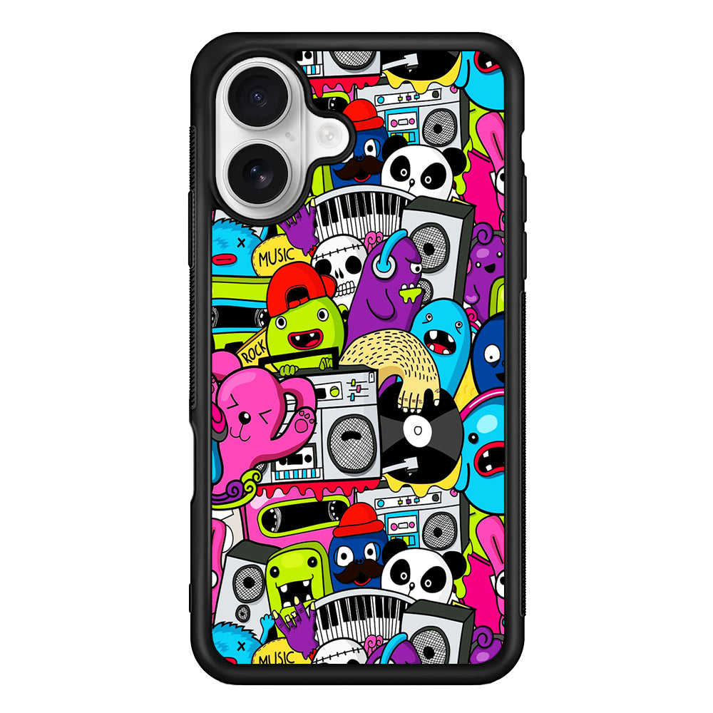 Doodle Monsters Music Pattern iPhone 16 Plus Case | Durable Protective Rubber Cover