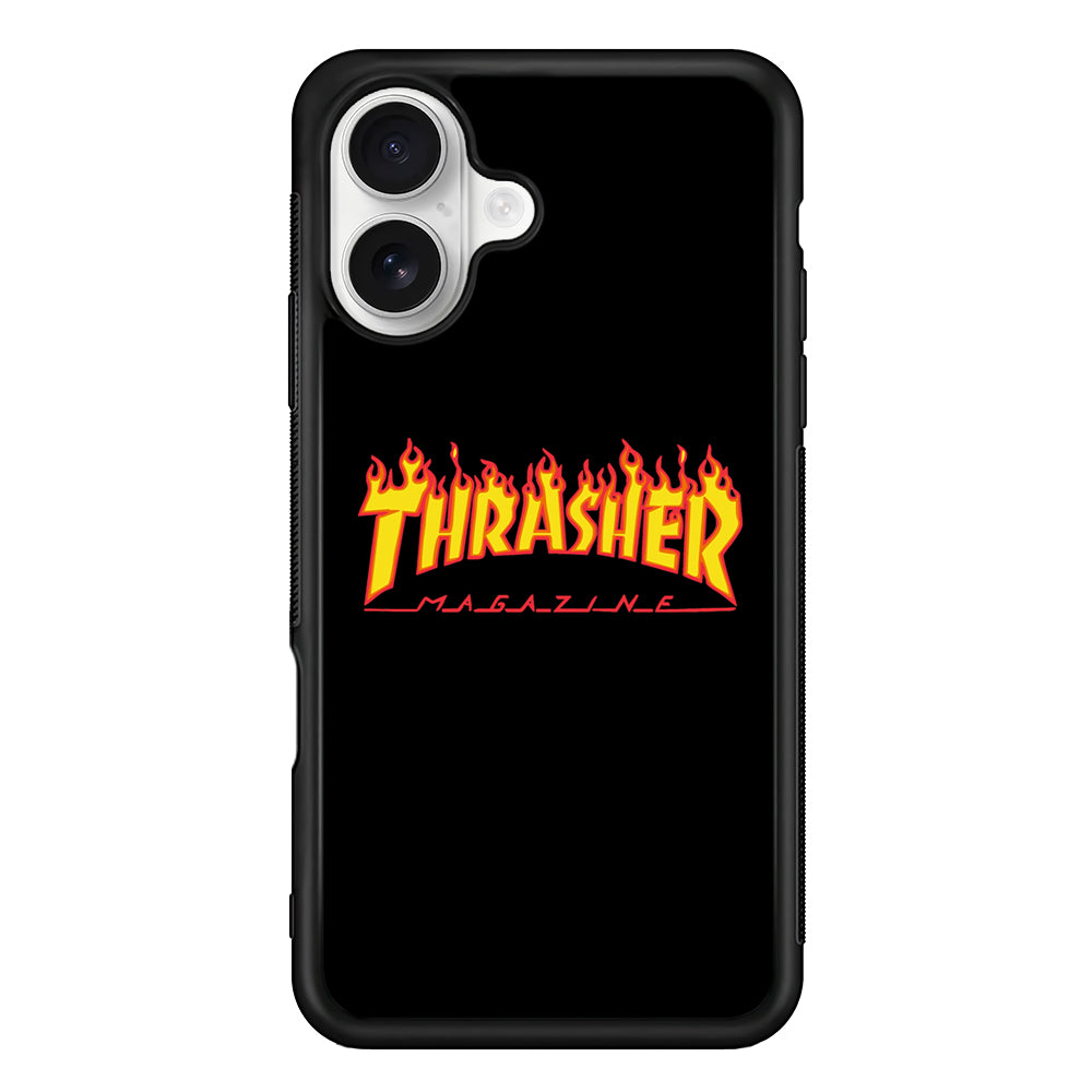 Thrasher Magazine Black Simple Fire iPhone 16 Plus Case | Slim Rubber Case for iPhone 16 Plus