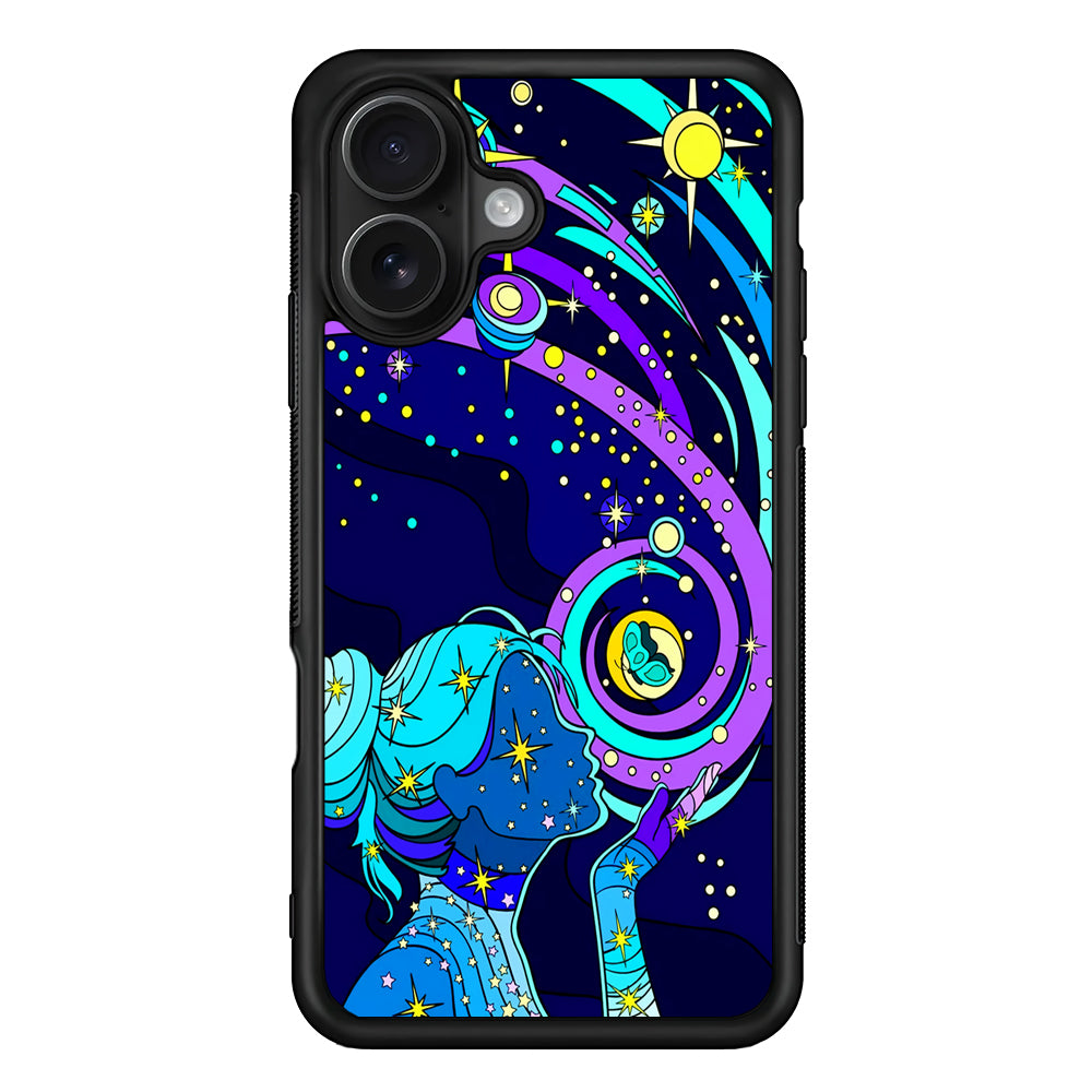 A Woman Blowing Kisses to Planets iPhone 16 Case - Oxvistore