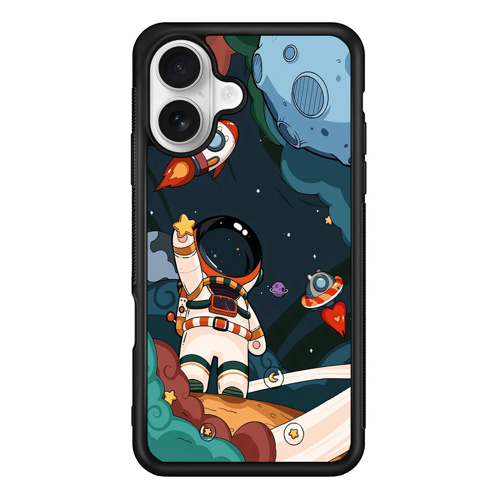 Cartoon Astronaut Holding Up a Star iPhone 16 Plus Case | Durable Protective Rubber Cover