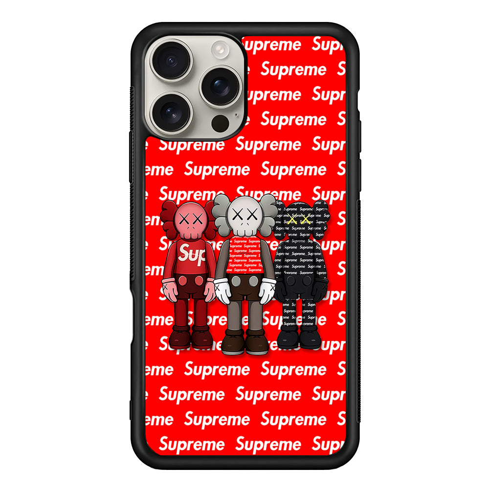 Three Kaws X Supreme Background iPhone 16 Pro Max Case | Slim Rubber Case for iPhone 16 Pro Max