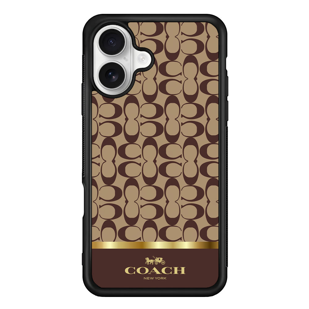Coach Brown Gold Line iPhone 16 Plus Case | Slim Rubber Case for iPhone 16 Plus