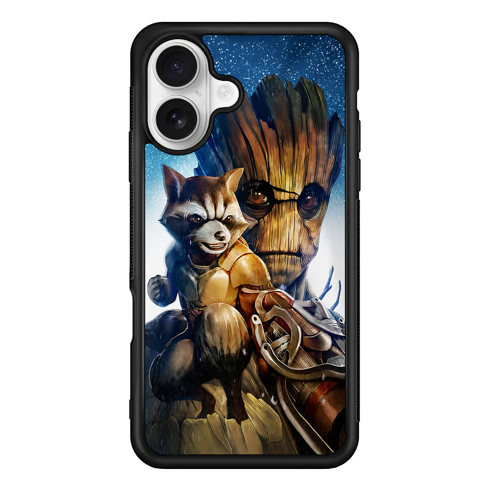 Rocket Raccoon and Groot iPhone 16 Plus Case | Durable Protective Rubber Cover
