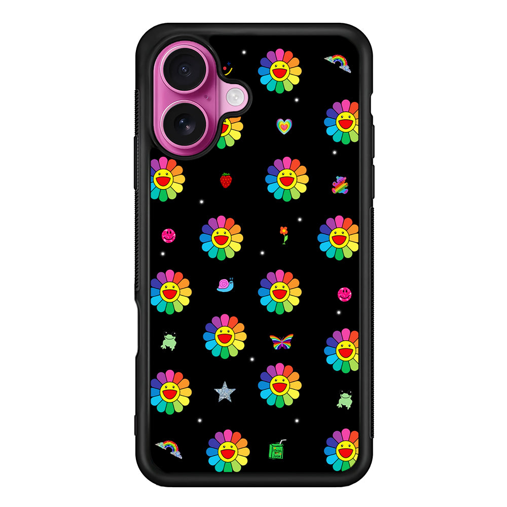 Smile on Rainbow Flower Black iPhone 17 Case | Slim Protective Rubber Phone Cover