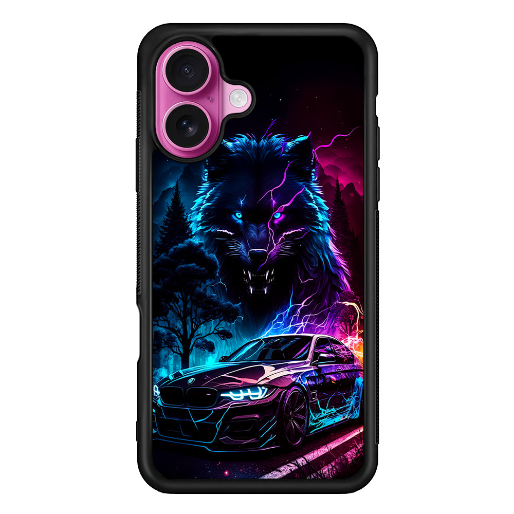 Neon Wolf and Car Northern iPhone 17 Case | Slim Protective Rubber Phone Cover