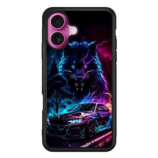 Neon Wolf and Car Northern iPhone 17 Case | Slim Protective Rubber Phone Cover