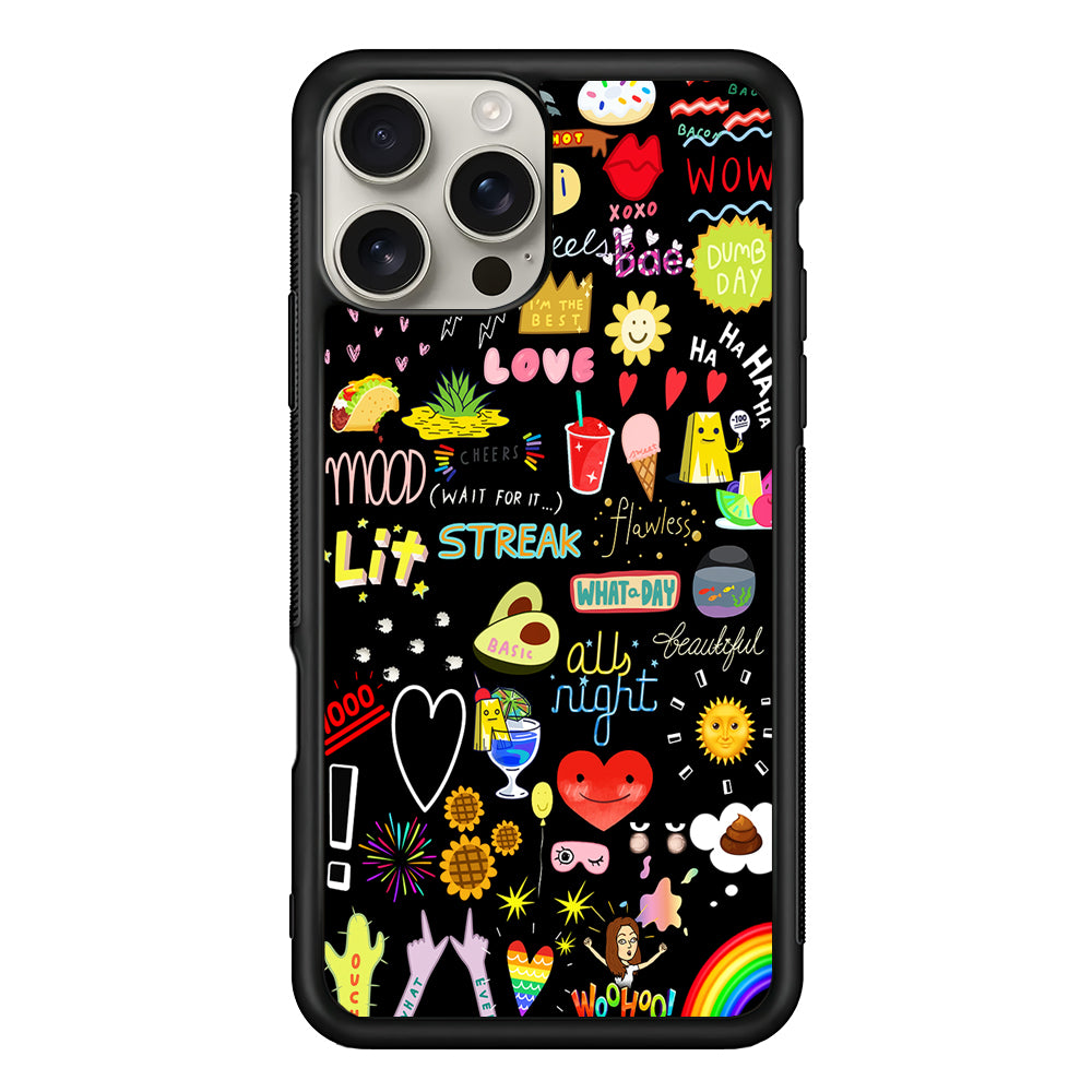 Random Cute Sticker Doodle Dark iPhone 16 Pro Max Case | Stylish Protective Case for iPhone 16 Pro Max