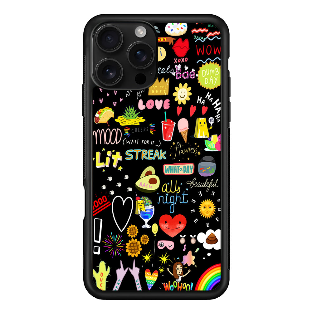 Random Cute Sticker Doodle Dark iPhone 16 Pro Case | Durable Protective Case for iPhone 16 Pro