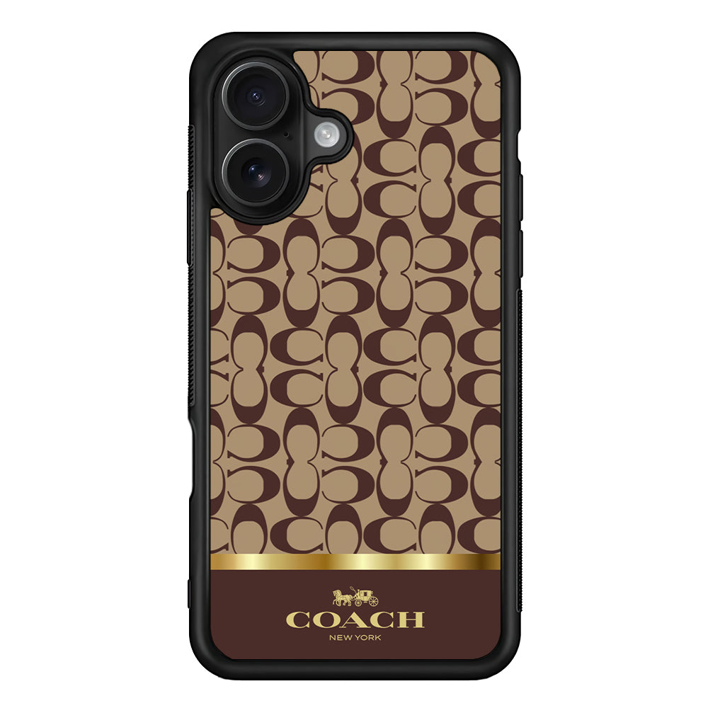 Coach Brown Gold Line iPhone 16 Case | Slim Rubber Case for iPhone 16