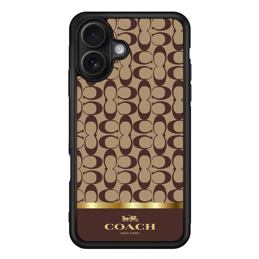 Coach Brown Gold Line iPhone 16 Case | Slim Rubber Case for iPhone 16