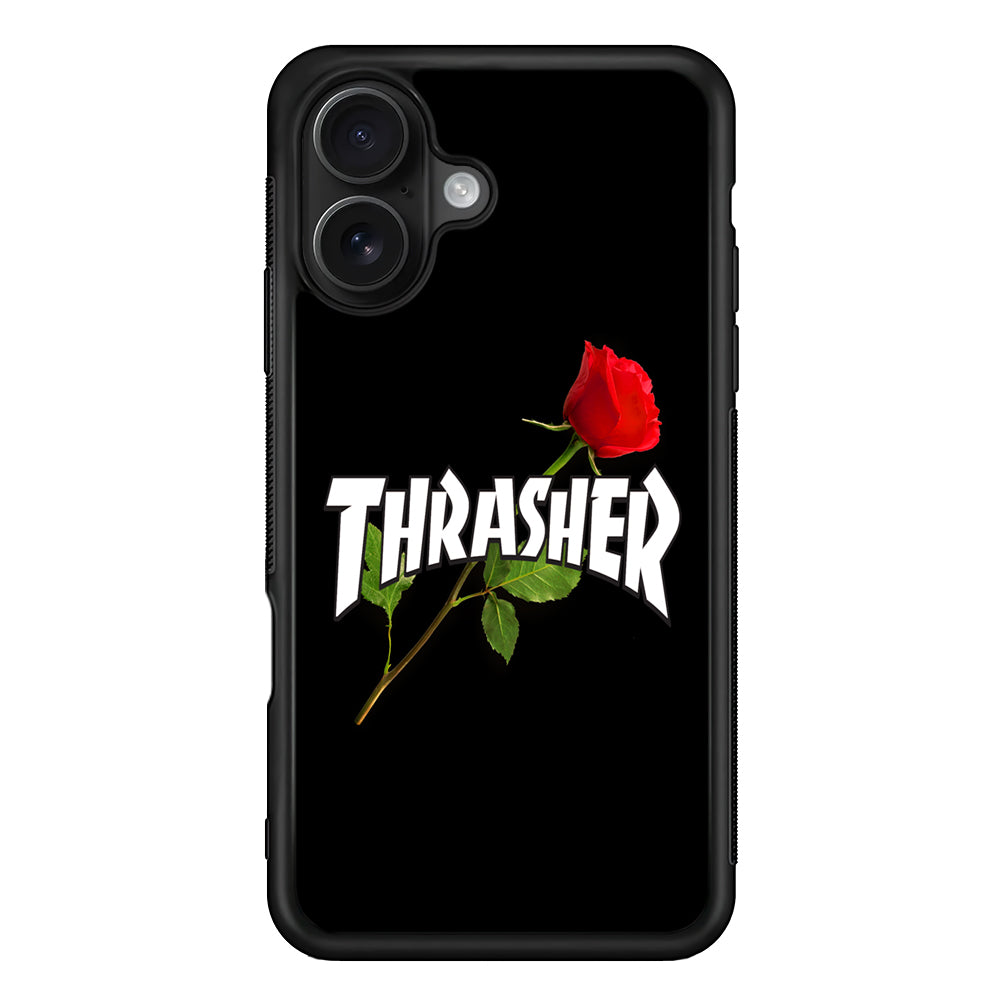 Thrasher Black Rose Flower iPhone 16 Case | Slim Rubber Case for iPhone 16