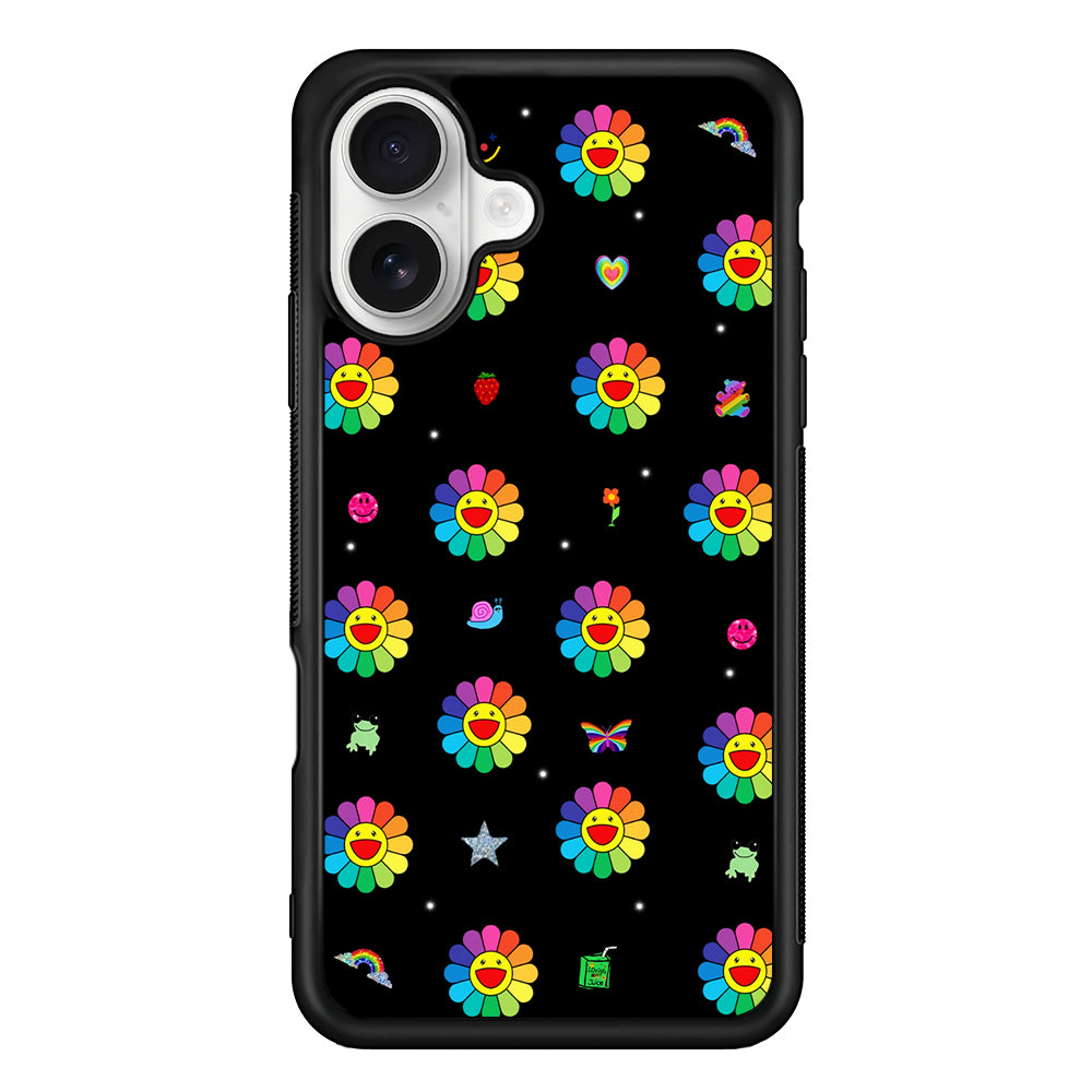 Smile on Rainbow Flower Black iPhone 16 Plus Case | Durable Protective Rubber Cover