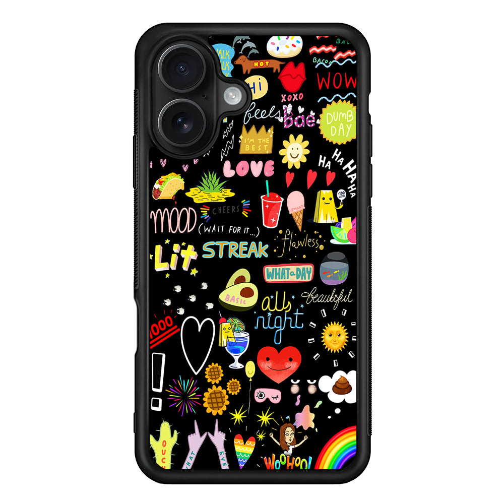 Random Cute Sticker Doodle Dark iPhone 16 Case - Oxvistore