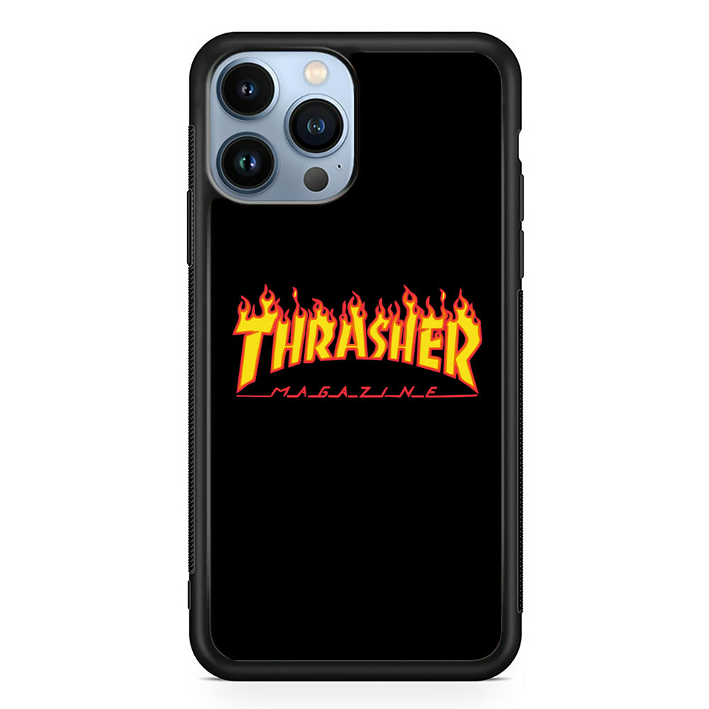 Thrasher Magazine Black Simple Fire iPhone 15 Pro Max Case | Slim Rubber Case for iPhone 15 Pro Max